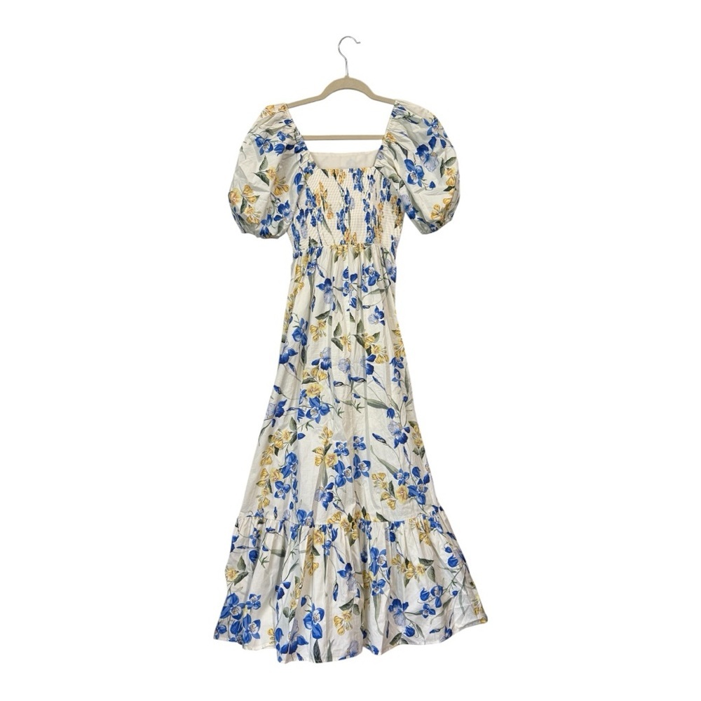 Floral Puff-Sleeve Maxi Dress - White with Blue & Yellow Blooms - Picture 7 of 9